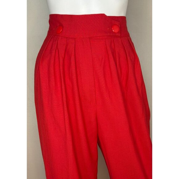 Vintage 1980s Red Pleated Pants, High Rise, Wide Waistband, Tapered Leg, 27"x28" - Picture 2 of 9